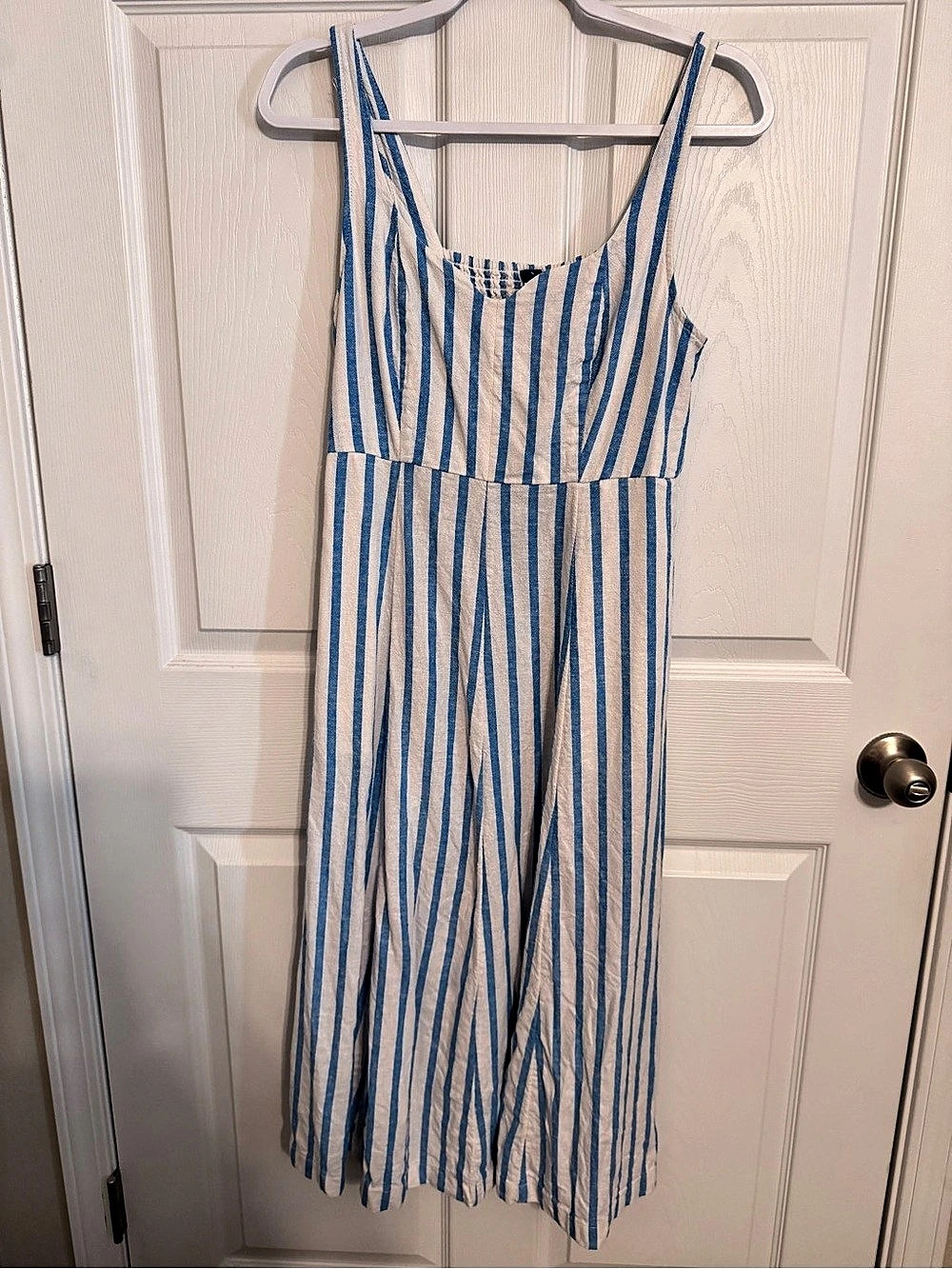 Old Navy Fit & Flare Sleeveless Linen-Blend Midi Dress Blue & White Small